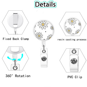 White chrysanthemum <b>ID</b> round badge clip lanyard and retractable scroll clip stylish card name tag vertical protective case - Product Image 3