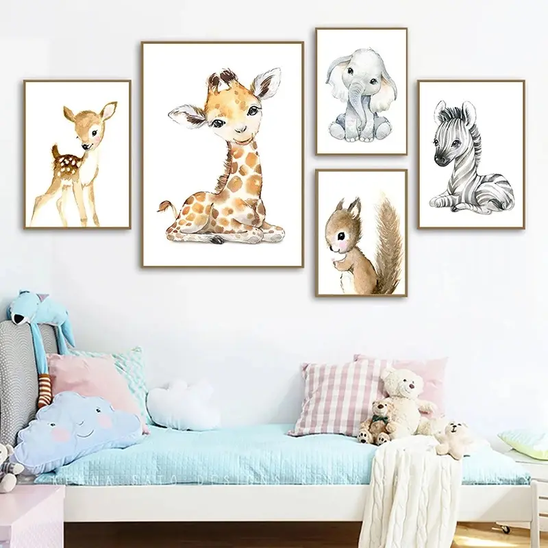 Cute Animal Giraffe Lion Crocodile Painting Living Room Decoration Print Wall Art Children Canvas Digital Printing