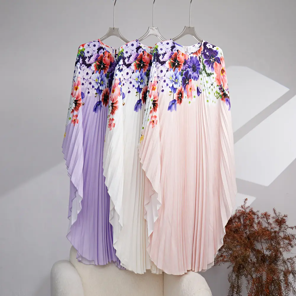 Miyake Pleated Fast Shipping 2023 New Print Loose Plus Size Bat Sleeve Dress Fashionable Woman Kaftan Elegant Pleated Dress