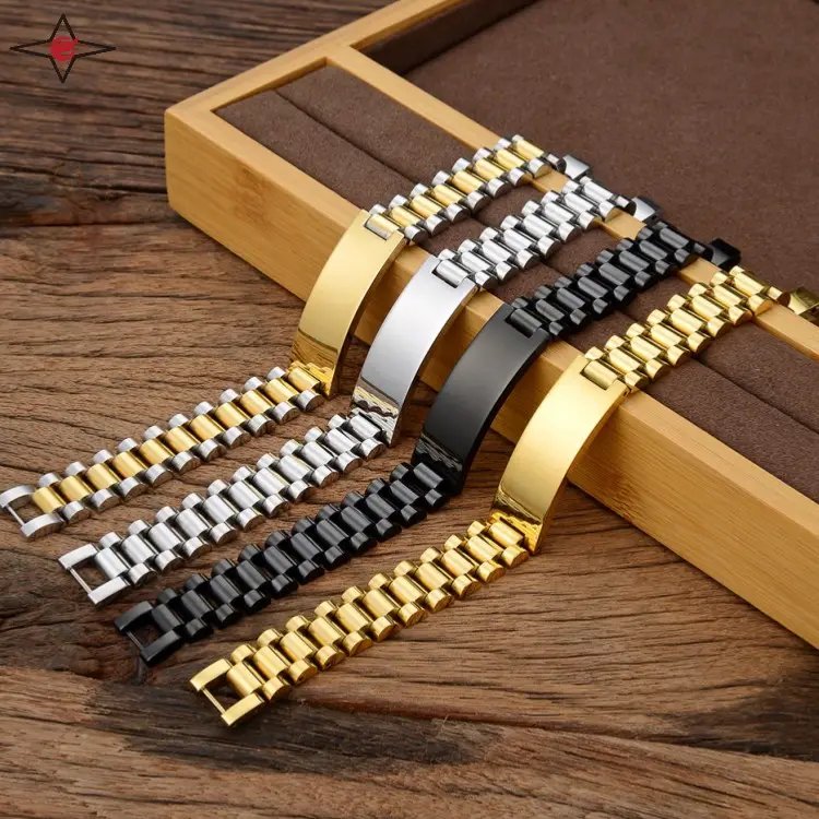 Nome personalizzato Chunky 14k Gold Bar bracciali in acciaio inox inciso bracciale a mano per gli uomini
