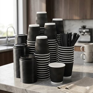 Wholesale Disposable 8oz Corrugated Ripple Wall Paper <b>Coffee</b> Cup with Lid for Hot Beverage <b>Takeaway</b> - Product Image 1
