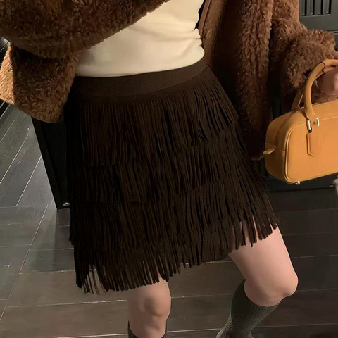 5362 New Sheepskin Suede Fringe Cake A-line Version Versatile Fashion Short Skirt for Women
