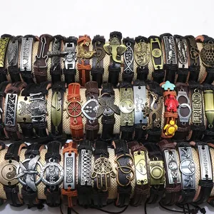 2404 Wholesale 50pcs/Lot Leather Metal Charm Men Vintage Wrist Cuff Bracelets For Women Gifts Jewelry Mix Style