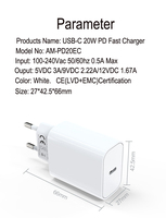 Cargador de Pared con Certificación CE RoHS Premium, Enchufe Europeo, PD 20W 3A, USB-C Tipo-C, Carga Rápida, Adaptador de Corriente para iPhone 17/16/15 Samsung