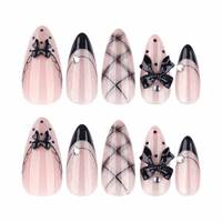 Laisense Faux ongles à porter de haute qualité, forme amande courte, noirs, style œil de chat gothique cool, avec nœud
