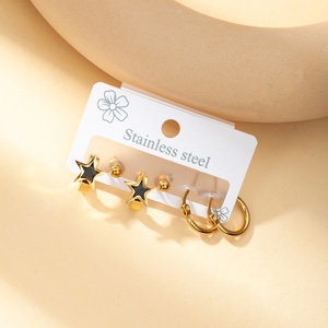 Nouvelles boucles <span class=keywords><strong>d</strong></span>'oreilles créoles plaquées or pour femmes, <span class=keywords><strong>en</strong></span> acier inoxydable, motifs étoile, <span class=keywords><strong>croix</strong></span> et fleur, lot <span class=keywords><strong>de</strong></span> 3 paires - Product Image 2