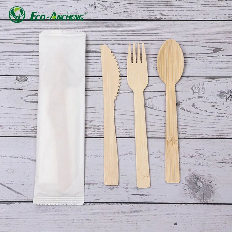 Precio al por mayor Natural degradable Grado alimenticio Respetuoso con el medio ambiente Cubiertos de bambú desechables Cuchillo de bambú Tenedor y cuchara