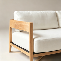 Canapé d'angle en forme de L Japandi en bois de chêne naturel avec coussins en tissu blanc amovibles, écologique et minimaliste, pour 2 personnes, idéal pour le salon