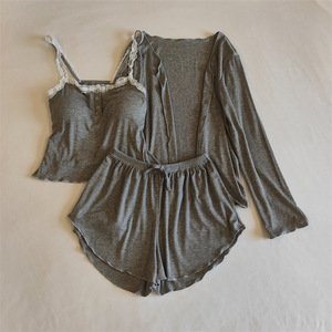 Nouveau pyjama femmes dentelle printemps et automne Modal coton pur désir avec coussinets de poitrine trois pièces ensemble pour usage externe - Product Image 1