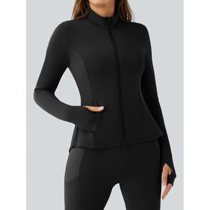 Custom Women's Zip up Workout Jacket Polyester Solid Color Pleated Slim Fit Stand Collar Long Sleeve Gym <b>Top</b> with <b>Thumb</b> <b>Holes</b> - Product Image 2