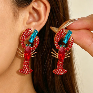 Lobster Shape Drop <b>Earrings</b> Red Crystal Geometric Animal Design Party Fashion Jewelry Stainless Steel Ear <b>Post</b> - Product Image 1
