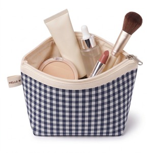Bolsa de Maquillaje Trapezoidal Azul Marino y Blanca con Diseño a Cuadros, Bolsa de Cosméticos con Ribete de Lona, Cierre Superior, Poliéster a Cuadros, Logotipo Personalizado OEM, Portátil - Product Image 1