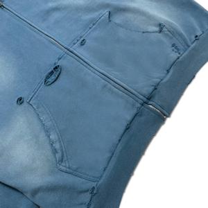 Sudadera con capucha y cremallera de alta calidad, estilo vintage, con estampado de plantas en azul grisáceo, desgastada y con efecto deshilachado, estilo streetwear, para hombre. - Product Image 6