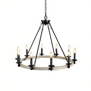 Lustre rustique de style farmhouse à 10 lumières, en métal noir et bois, luminaire suspendu rond pour salle à manger, cuisine, E26 - Product Image 1