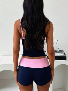 Conjunto de dos piezas de shorts acanalados con bloques de color en stock, top camisero sin mangas para mujer, pantalones cortos con cintura plegable, traje casual. - Product Image 4