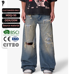 Mens Vintage Washed Ripped Wide Leg Jeans 2026 New Distressed Frayed Hole Baggy Denim Pants Streetwear OEM ODM Custom Service - Product Image 1