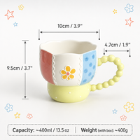 Mug en céramique avec poignée perlée jaune-vert 400 ml, tasse à café à fleurs peinte à la main pour la maison ou le bureau