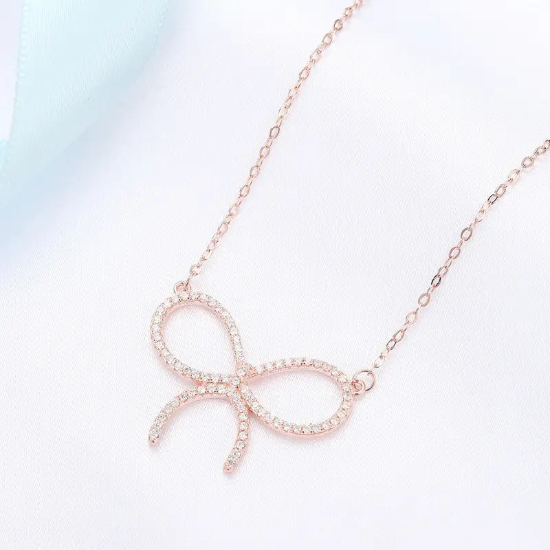 Fashion Sterling Silver 925 Jewelry Wholesale Cute Girls Bow Pendant Rose Gold Necklaces For Women