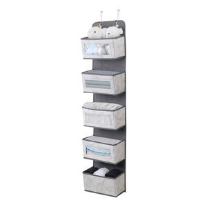 Gray 5 Pockets Compact Storage Pocket Over Door Organizer Chart Hanging Wall File Organizer With 2 Door Hangers - Product Image 2