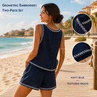 Ensemble 2 pièces d'été pour femme : débardeur brodé bleu marine et short – Style bohème décontracté pour la plage et les vacances
