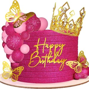 Lot de décorations de gâteau en forme de boule à paillettes rose vif, avec papillon doré et diadème, thème <span class=keywords><strong>Princesse</strong></span>, pour fête d'<span class=keywords><strong>anniversaire</strong></span> de fille, fournisseur OEM - Product Image 2