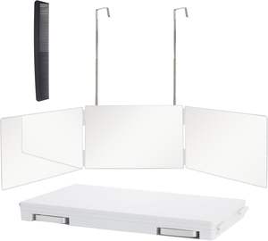 Miroir à trois volets de couleur blanche pour la coupe de cheveux, en verre véritable, réglable, avec lumière LED à trois températures de couleur pour le maquillage et le coiffage - Product Image 1