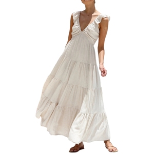 Vestido de Mujer Sexy con Cuello en V, de Algodón y Lino, sin Mangas, de Color Sólido, con Tirantes Finos de Encaje, para Vacaciones en la Playa - Product Image 1