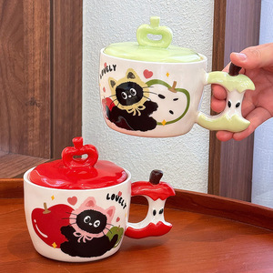 Apple Cat <b>Ceramic</b> <b>Mug</b> With Lid And Handle Cute Cartoon Design For Girls Students Dorm Office Use Red Green Colors Available - Product Image 4