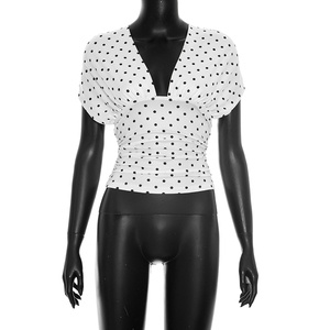 Viviblook J26TP254 Women Sexy Slim Fit Polka Dot Print Short Sleeved Deep V-Neck Backless Lace Up Casual Top - Product Image 1