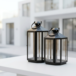 Lanternes à bougies en acier inoxydable nickel noir à motifs pour la décoration intérieure et extérieure (vente en gros) - Product Image 1