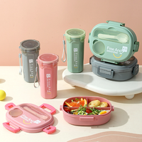 Boîte à lunch bento en plastique avec gourde, ensemble de contenants alimentaires en PP, joli ensemble repas scolaire pour enfants et adultes avec couverts