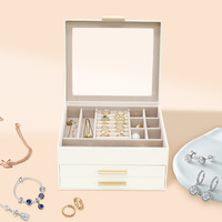 Boîte à bijoux en cuir PU améliorée, ensemble de velours, boîte de rangement pour bijoux avec fenêtre en verre pour bagues, colliers, bracelets
