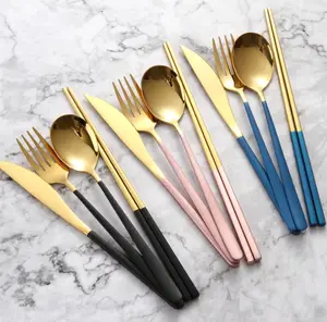 18/10 stainless steel Korean style gold silver with colorful handle spoon fork knife chopsticks set flatware set
