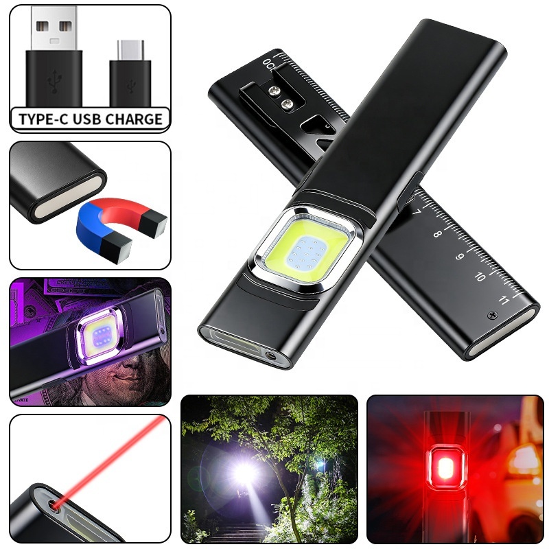 Multi-Function Pen-Style Flashlight COB Headlight Side Light Rechargeable Work Light Magnet Laser Pointer UV Light Compact Light
