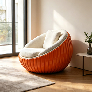 Sillón individual de fibra de vidrio naranja con nervaduras verticales, cojín de bouclé color crema, redondo y cerrado, para sala de estar - Product Image 5