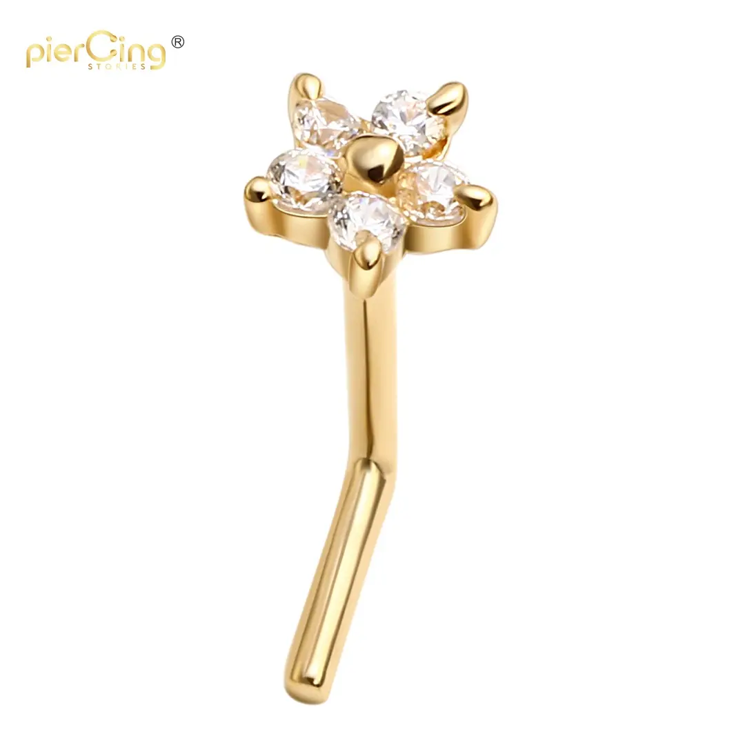 Piercing Stories Neuankömmling Clear CZ Stones Flower Top Nasenringe 14K Solid Gold Körpers chmuck Großhandels preis