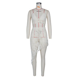 Vente chaude vacances d'été voir à travers les femmes <span class=keywords><strong>frange</strong></span> gland pansement Bikini Sexy tissé haut robe découpé ensemble de plage - Product Image 4