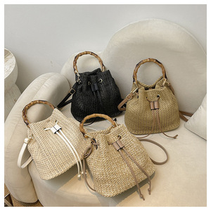 <b>Straw</b> Woven Bohemian Shoulder <b>Bag</b> With Bamboo Handle Drawstring Closure Summer Women's Two Handles Daily Use - Product Image 1