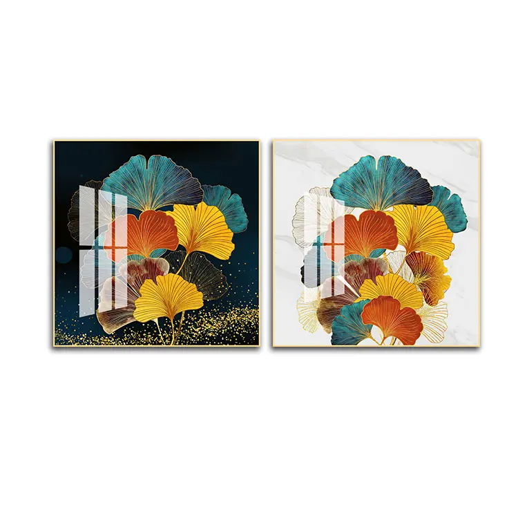 कस्टम डिजाइन दो पैनलों गोल्ड पत्तियां तस्वीर दीवार ग्लास यूरोपीय सार नीले पौधों क्रिस्टल चीनी मिट्टी के बरतन पेंटिंग