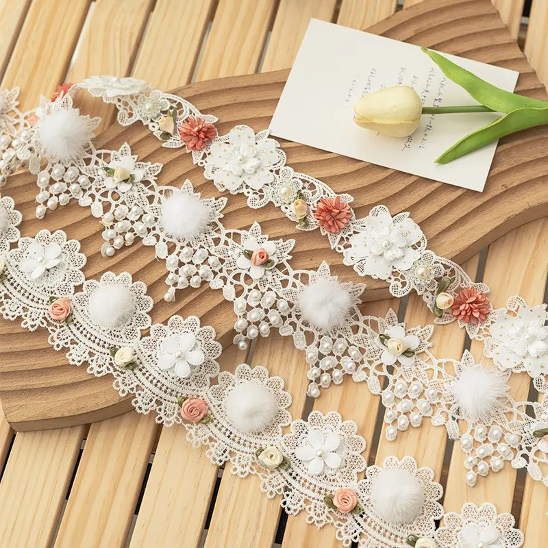 Weißer handgemachter Perlen aufkleber mit wasser löslicher Spitze DIY für Kostüm kleid Hat Pearl Rose Flower Embroidered Lace Trim Ribbon Fabric