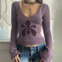 Pull en tricot à col en V à fleurs vintage pour femmes, manches longues, mode automne, décontracté, ample, tricoté
