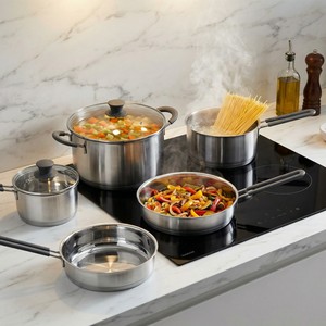 Nouvel arrivage d'usine : Batterie de cuisine en acier inoxydable avec poignées, comprenant des casseroles, des faitouts et des marmites à fond brasé - Product Image 6