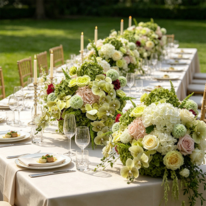Centro de Mesa Moderno Hecho a Mano con Flores de Seda en Tono Verde Suave, Orquídeas y Hortensias para Decoración de Bodas y Hoteles - Product Image 4