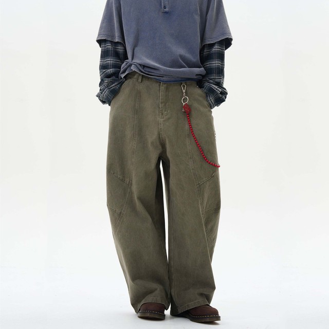 Vintage Washed Olive Green Curved Seam Baggy Pants Unique Barrel Silhouette Relaxed Fit Casual Streetwear Denim Trousers