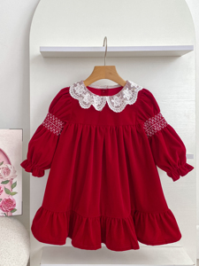 Abito da principessa in velluto rosso con pizzo e maniche a bolle per <span class=keywords><strong>bambina</strong></span>, Collezione Natale 2026 - Nuovo <span class=keywords><strong>vestito</strong></span> alla moda per bambine e neonate - Product Image 2