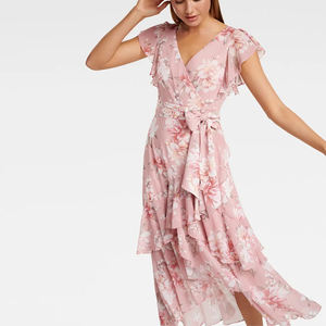 Abito Estivo Casual da Donna in Chiffon con Stampa Floreale, Vita Annodata, Orlo Asimmetrico e Maniche a Volant, Lunghezza <span class=keywords><strong>Midi</strong></span> - Product Image 2