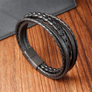 Luxury Custom Stainless Steel Leather Bracelet Multi Layer Men <b>Black</b> <b>Wrap</b> Leather Bracelet - Product Image 4