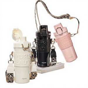 Gourde isotherme portable tendance pour filles, en acier inoxydable 316, style Ins, grande capacité, avec double sangle d'épaule - Product Image 1