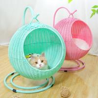 Panier-lit rond pour animaux de compagnie en rotin PP, nid à bascule pour chat, avec coussin intérieur, hamac pour chats et chiens, design boule suspendue