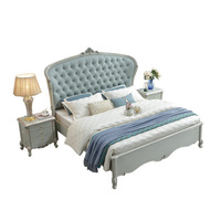 Französisches Kingsize-Bett mit Gestepptem Blauem Lederkopfteil und Geschnitztem Holzrahmen, Elegantes Schlafzimmer-Möbelset